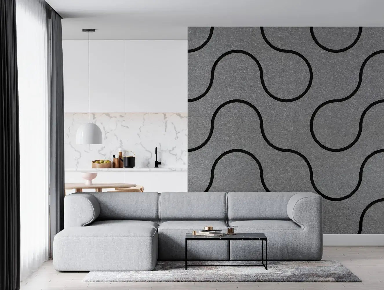 Decorative 3D PET Felt Wall Tiles - SQUARE Deco 40x40 grey feature wall in living room interior Decormania.eu